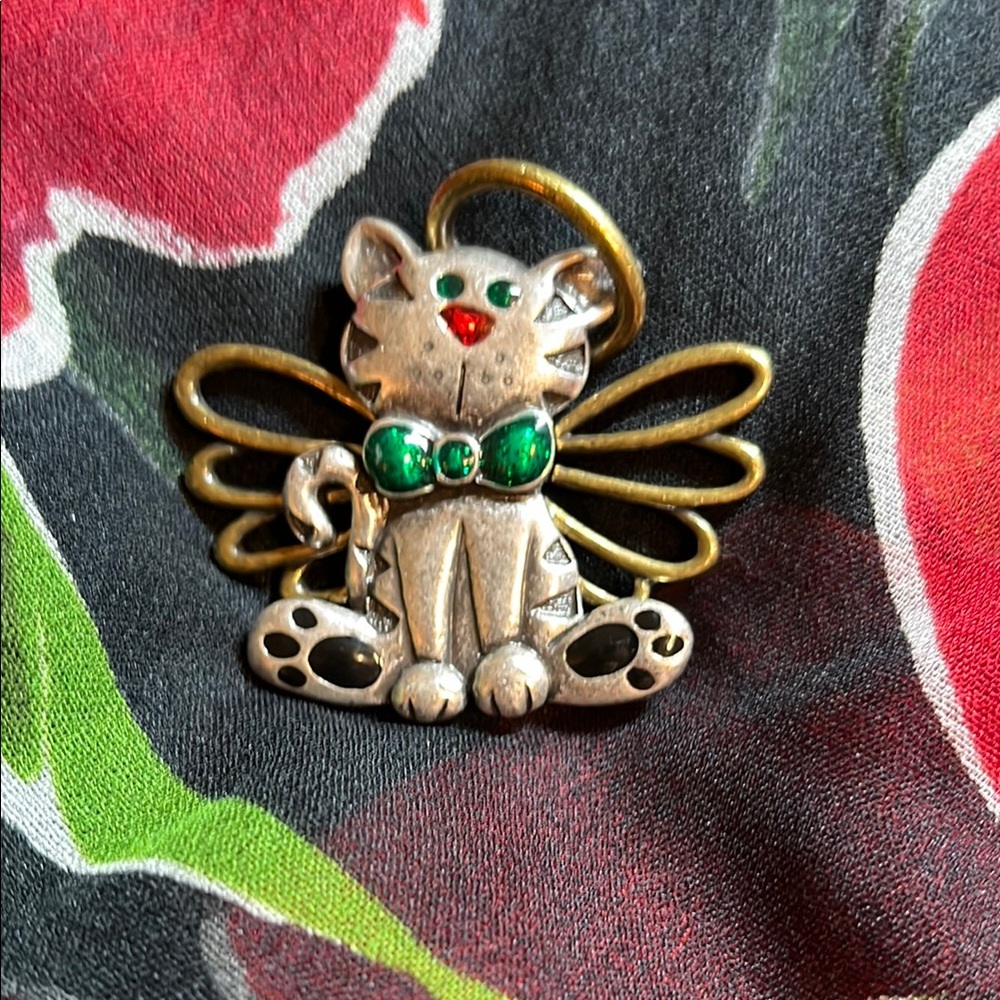 Gold and Silver tone Cat Angel Brooch